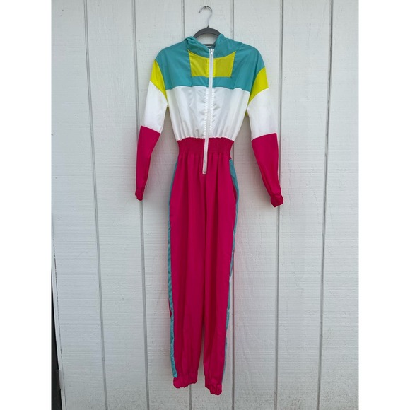 no brand Pants - Super fun 80s Zip Up Windbreaker Jumpsuit, Turquoise, Neon Yellow, Hot Pink